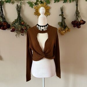Goblincore/Cabincore Brown Long Sleeve Cutout Crop Top